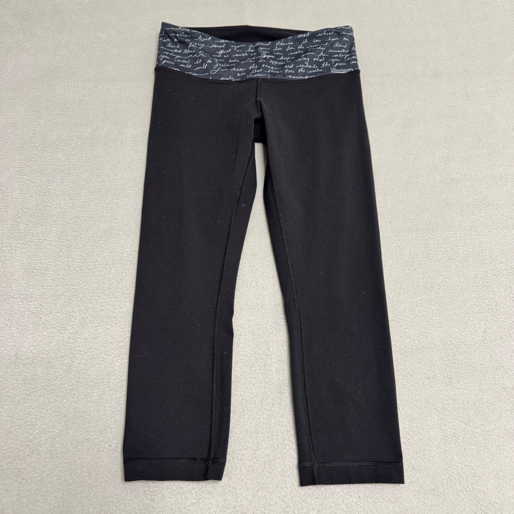 Lululemon Wunder Under Crop Leggings Womens 6 Black Reversible Script Yoga Run